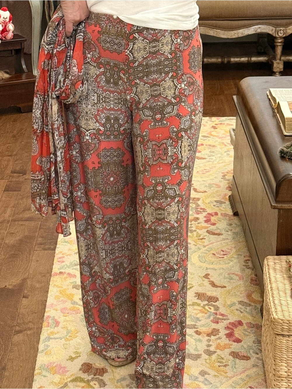 Chico’s Women's Coral, white and tan Wide-Leg Pants